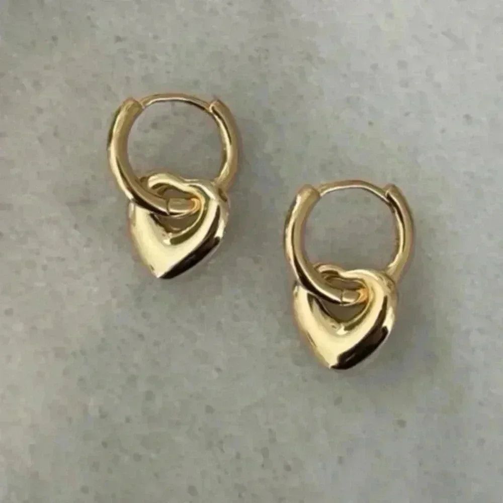 Gold Bubble Heart Charm Dangle Huggie Hoop Earrings - Picture 2 of 5